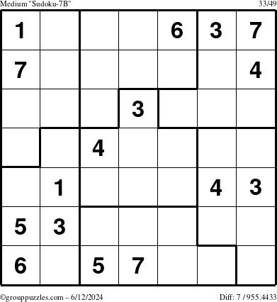 The grouppuzzles.com Medium Sudoku-7B puzzle for Wednesday June 12, 2024