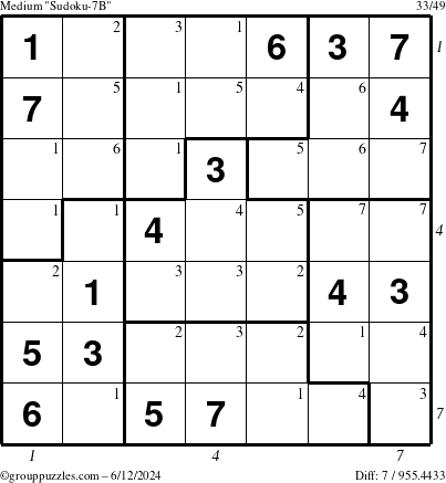 The grouppuzzles.com Medium Sudoku-7B puzzle for Wednesday June 12, 2024 with all 7 steps marked