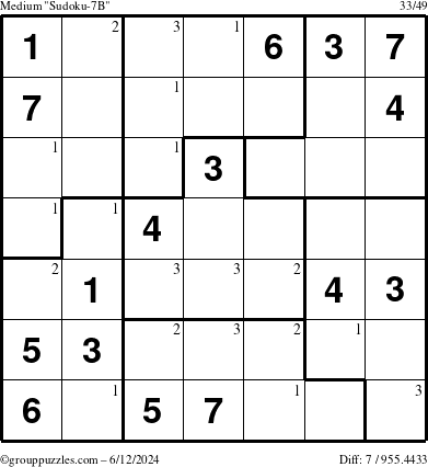 The grouppuzzles.com Medium Sudoku-7B puzzle for Wednesday June 12, 2024 with the first 3 steps marked