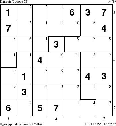 The grouppuzzles.com Difficult Sudoku-7B puzzle for Wednesday June 12, 2024 with all 11 steps marked