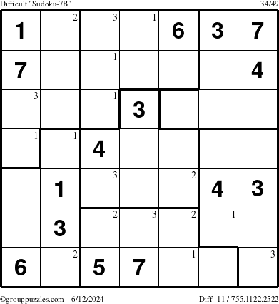 The grouppuzzles.com Difficult Sudoku-7B puzzle for Wednesday June 12, 2024 with the first 3 steps marked