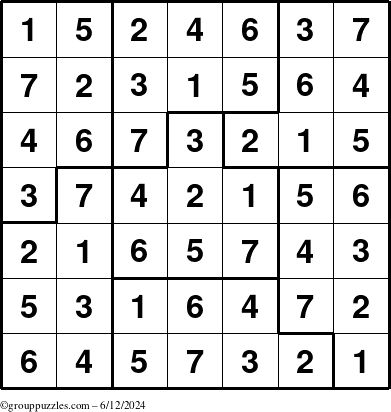 The grouppuzzles.com Answer grid for the Sudoku-7B puzzle for Wednesday June 12, 2024