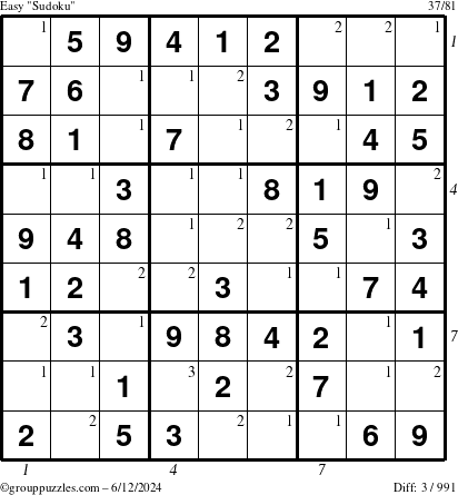 The grouppuzzles.com Easy Sudoku puzzle for Wednesday June 12, 2024 with all 3 steps marked