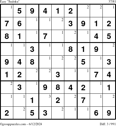 The grouppuzzles.com Easy Sudoku puzzle for Wednesday June 12, 2024 with the first 3 steps marked