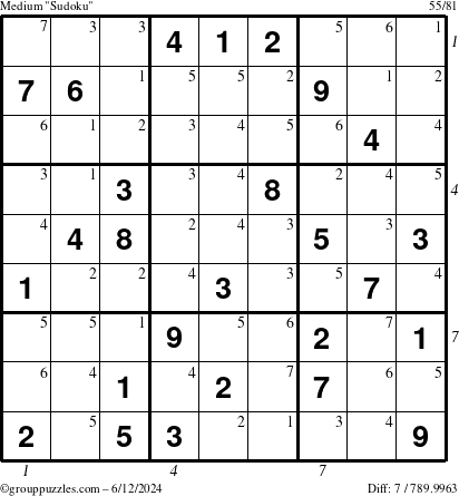 The grouppuzzles.com Medium Sudoku puzzle for Wednesday June 12, 2024, suitable for printing, with all 7 steps marked