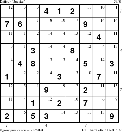 The grouppuzzles.com Difficult Sudoku puzzle for Wednesday June 12, 2024 with all 14 steps marked