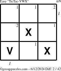 The grouppuzzles.com Easy TicTac-VWX puzzle for Wednesday June 12, 2024 with all 2 steps marked