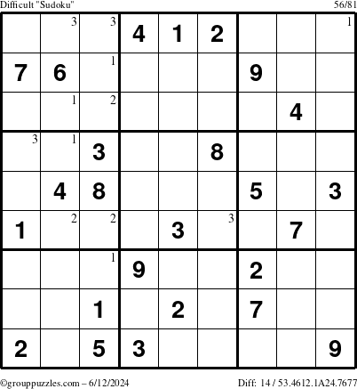 The grouppuzzles.com Difficult Sudoku puzzle for Wednesday June 12, 2024 with the first 3 steps marked