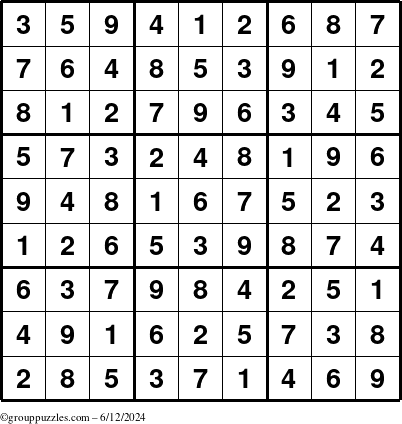 The grouppuzzles.com Answer grid for the Sudoku puzzle for Wednesday June 12, 2024