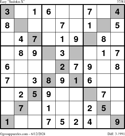 The grouppuzzles.com Easy Sudoku-X puzzle for Wednesday June 12, 2024