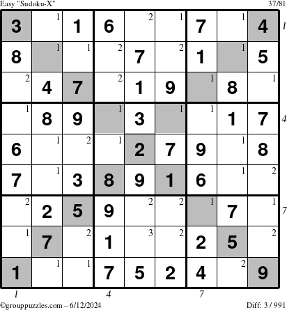 The grouppuzzles.com Easy Sudoku-X puzzle for Wednesday June 12, 2024 with all 3 steps marked