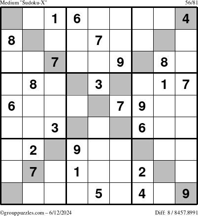 The grouppuzzles.com Medium Sudoku-X puzzle for Wednesday June 12, 2024