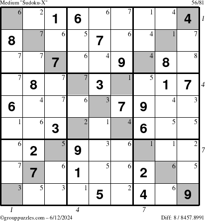 The grouppuzzles.com Medium Sudoku-X puzzle for Wednesday June 12, 2024 with all 8 steps marked