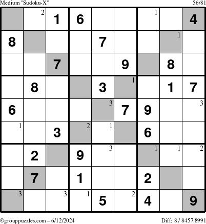 The grouppuzzles.com Medium Sudoku-X puzzle for Wednesday June 12, 2024 with the first 3 steps marked