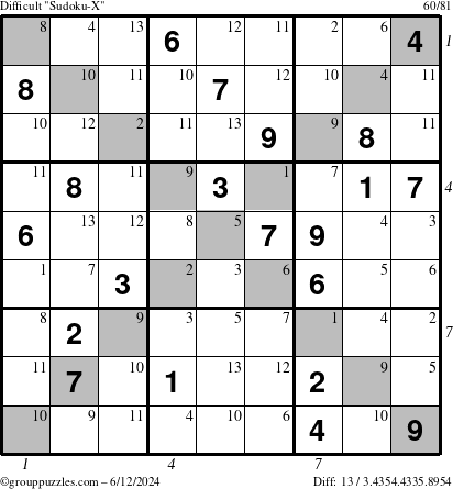 The grouppuzzles.com Difficult Sudoku-X puzzle for Wednesday June 12, 2024 with all 13 steps marked