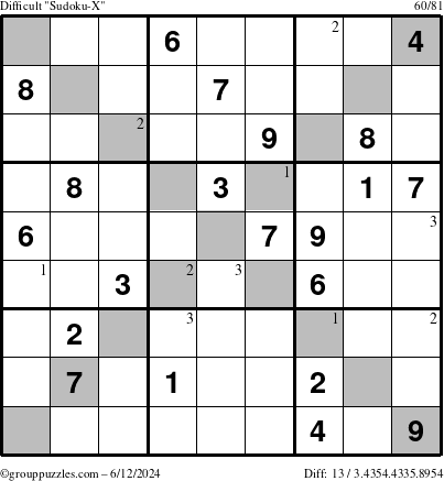 The grouppuzzles.com Difficult Sudoku-X puzzle for Wednesday June 12, 2024 with the first 3 steps marked