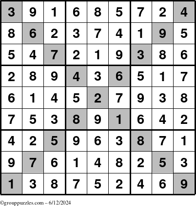 The grouppuzzles.com Answer grid for the Sudoku-X puzzle for Wednesday June 12, 2024