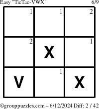 The grouppuzzles.com Easy TicTac-VWX puzzle for Wednesday June 12, 2024 with the first 2 steps marked