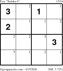 The grouppuzzles.com Easy Sudoku-4 puzzle for Sunday April 19, 2026 with the first 3 steps marked