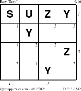 The grouppuzzles.com Easy Suzy puzzle for Sunday April 19, 2026, suitable for printing, with all 3 steps marked