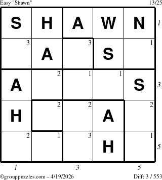 The grouppuzzles.com Easy Shawn puzzle for Sunday April 19, 2026, suitable for printing, with all 3 steps marked