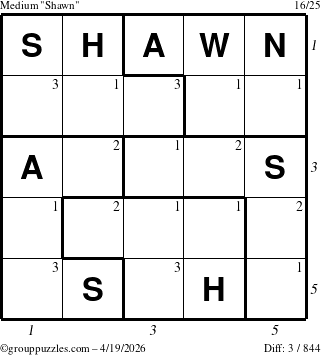 The grouppuzzles.com Medium Shawn puzzle for Sunday April 19, 2026, suitable for printing, with all 3 steps marked