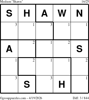 The grouppuzzles.com Medium Shawn puzzle for Sunday April 19, 2026 with the first 3 steps marked