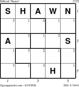 The grouppuzzles.com Difficult Shawn puzzle for Sunday April 19, 2026 with all 4 steps marked