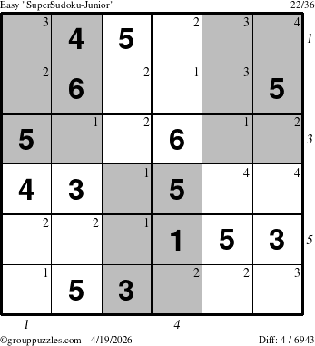 The grouppuzzles.com Easy SuperSudoku-Junior puzzle for Sunday April 19, 2026 with all 4 steps marked