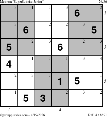The grouppuzzles.com Medium SuperSudoku-Junior puzzle for Sunday April 19, 2026 with all 4 steps marked