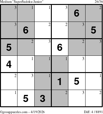 The grouppuzzles.com Medium SuperSudoku-Junior puzzle for Sunday April 19, 2026 with the first 3 steps marked