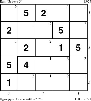 The grouppuzzles.com Easy Sudoku-5 puzzle for Sunday April 19, 2026 with all 3 steps marked