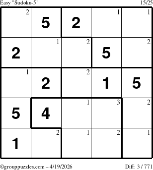 The grouppuzzles.com Easy Sudoku-5 puzzle for Sunday April 19, 2026 with the first 3 steps marked