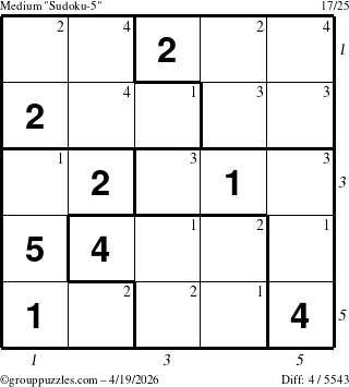 The grouppuzzles.com Medium Sudoku-5 puzzle for Sunday April 19, 2026 with all 4 steps marked