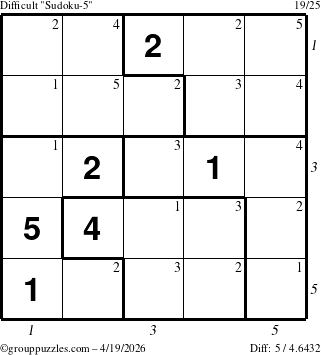 The grouppuzzles.com Difficult Sudoku-5 puzzle for Sunday April 19, 2026, suitable for printing, with all 5 steps marked