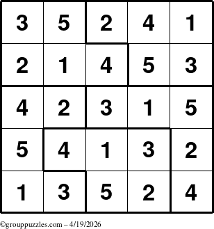 The grouppuzzles.com Answer grid for the Sudoku-5 puzzle for Sunday April 19, 2026