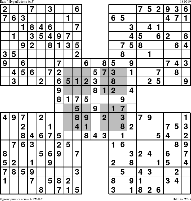 The grouppuzzles.com Easy HyperSudoku-by5 puzzle for Sunday April 19, 2026