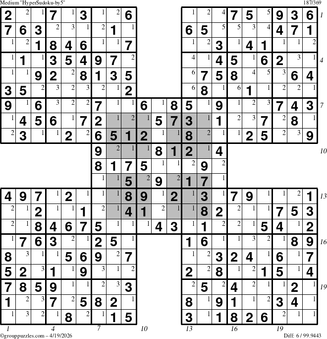 The grouppuzzles.com Medium HyperSudoku-by5 puzzle for Sunday April 19, 2026, suitable for printing, with all 6 steps marked