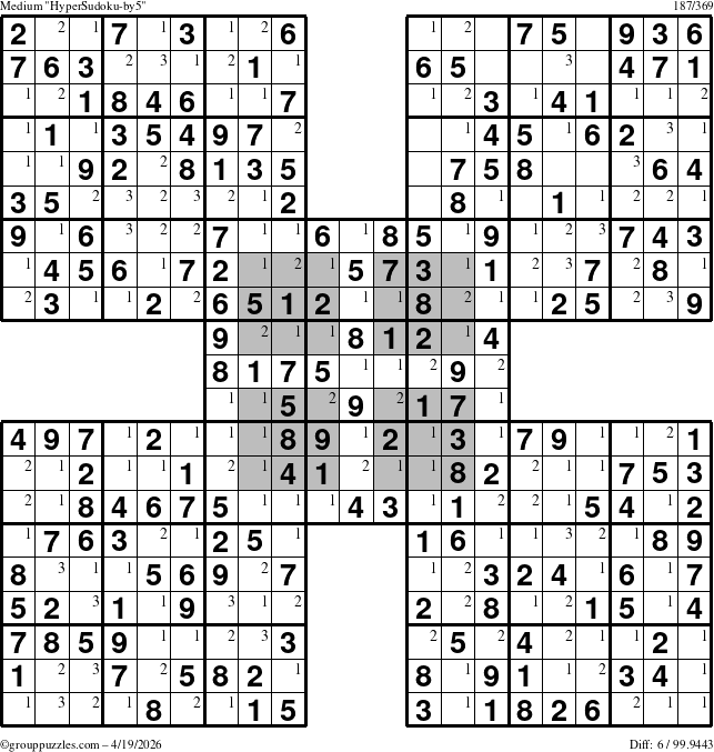 The grouppuzzles.com Medium HyperSudoku-by5 puzzle for Sunday April 19, 2026 with the first 3 steps marked