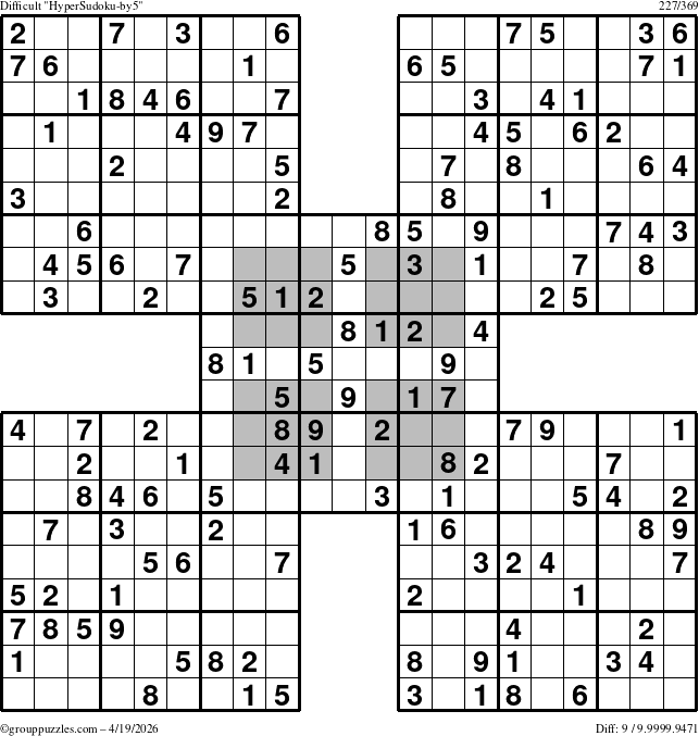 The grouppuzzles.com Difficult HyperSudoku-by5 puzzle for Sunday April 19, 2026