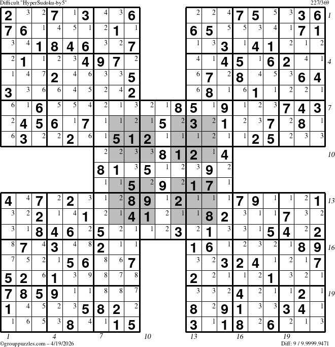 The grouppuzzles.com Difficult HyperSudoku-by5 puzzle for Sunday April 19, 2026 with all 9 steps marked