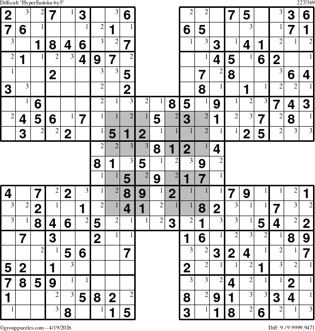The grouppuzzles.com Difficult HyperSudoku-by5 puzzle for Sunday April 19, 2026 with the first 3 steps marked