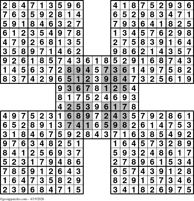 The grouppuzzles.com Answer grid for the HyperSudoku-by5 puzzle for Sunday April 19, 2026