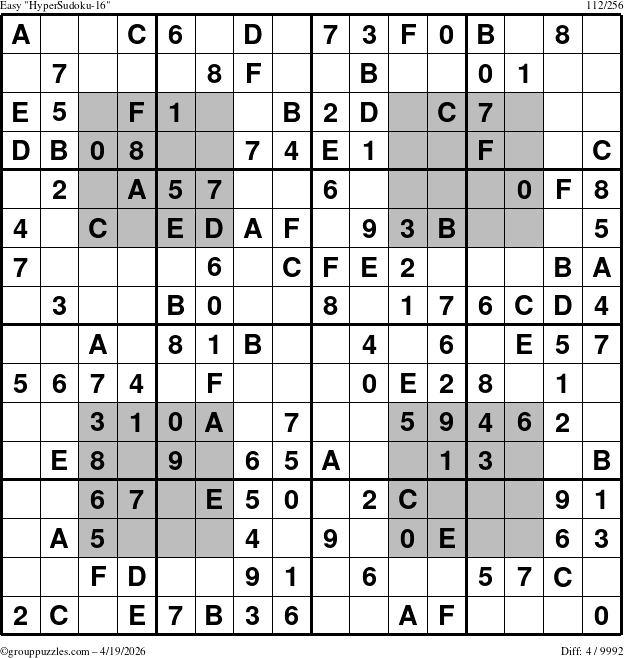 The grouppuzzles.com Easy HyperSudoku-16 puzzle for Sunday April 19, 2026