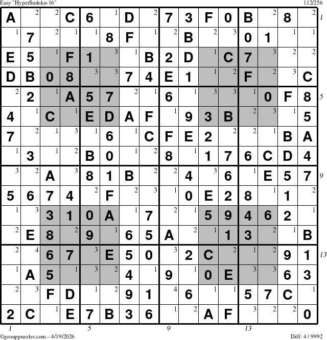 The grouppuzzles.com Easy HyperSudoku-16 puzzle for Sunday April 19, 2026, suitable for printing, with all 4 steps marked