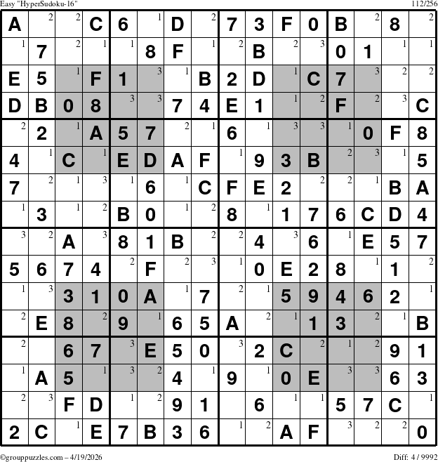 The grouppuzzles.com Easy HyperSudoku-16 puzzle for Sunday April 19, 2026 with the first 3 steps marked