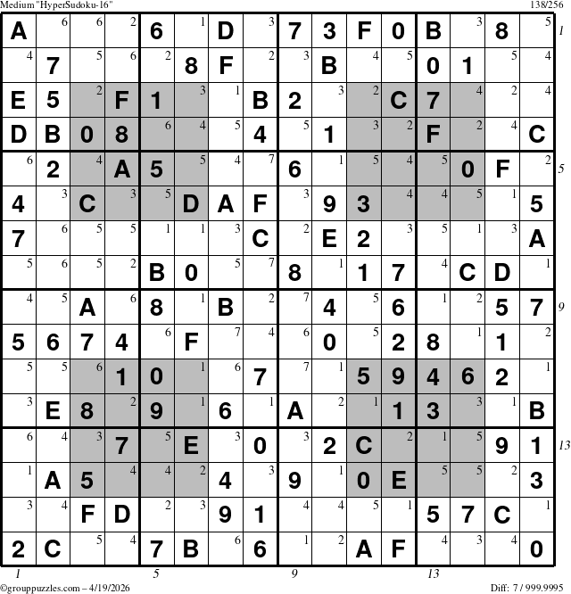 The grouppuzzles.com Medium HyperSudoku-16 puzzle for Sunday April 19, 2026 with all 7 steps marked