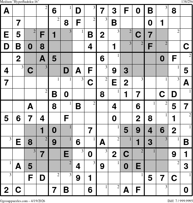 The grouppuzzles.com Medium HyperSudoku-16 puzzle for Sunday April 19, 2026 with the first 3 steps marked