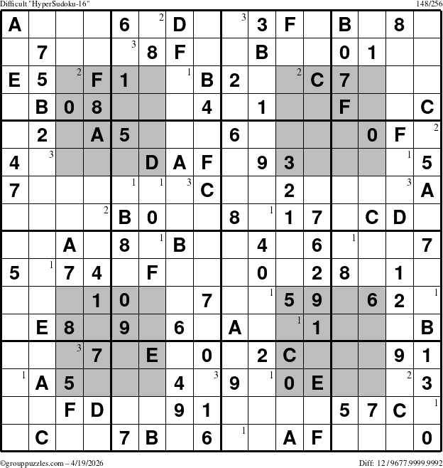 The grouppuzzles.com Difficult HyperSudoku-16 puzzle for Sunday April 19, 2026 with the first 3 steps marked