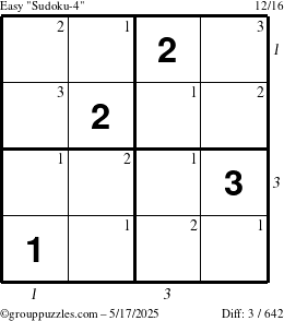 The grouppuzzles.com Easy Sudoku-4 puzzle for Saturday May 17, 2025, suitable for printing, with all 3 steps marked
